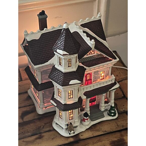 Christmas Village House  Lighted Ceramic Porcelain Blue Victorian Snow - Picture 15 of 16